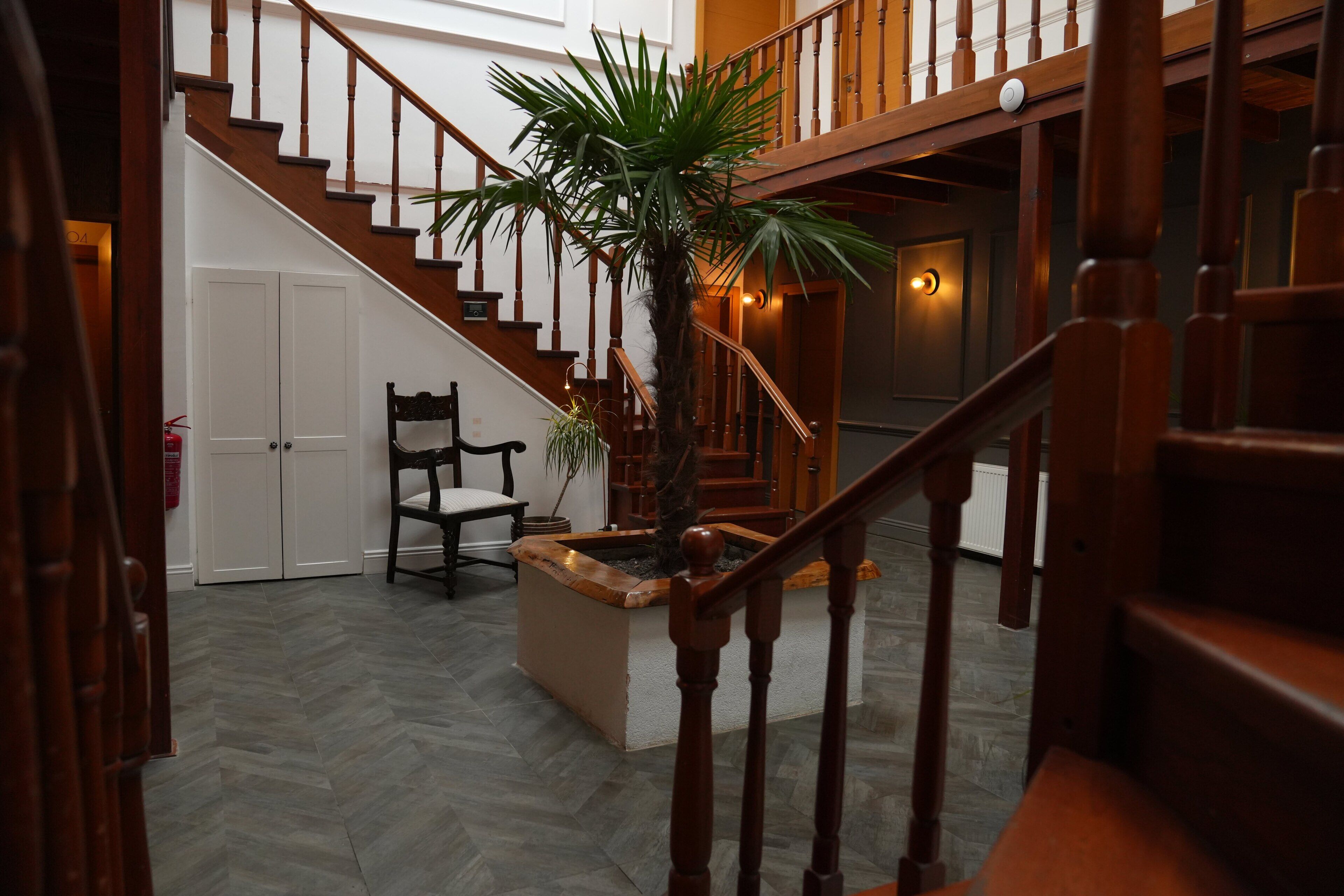 A wooden staircase with a palm tree planter in the center.
