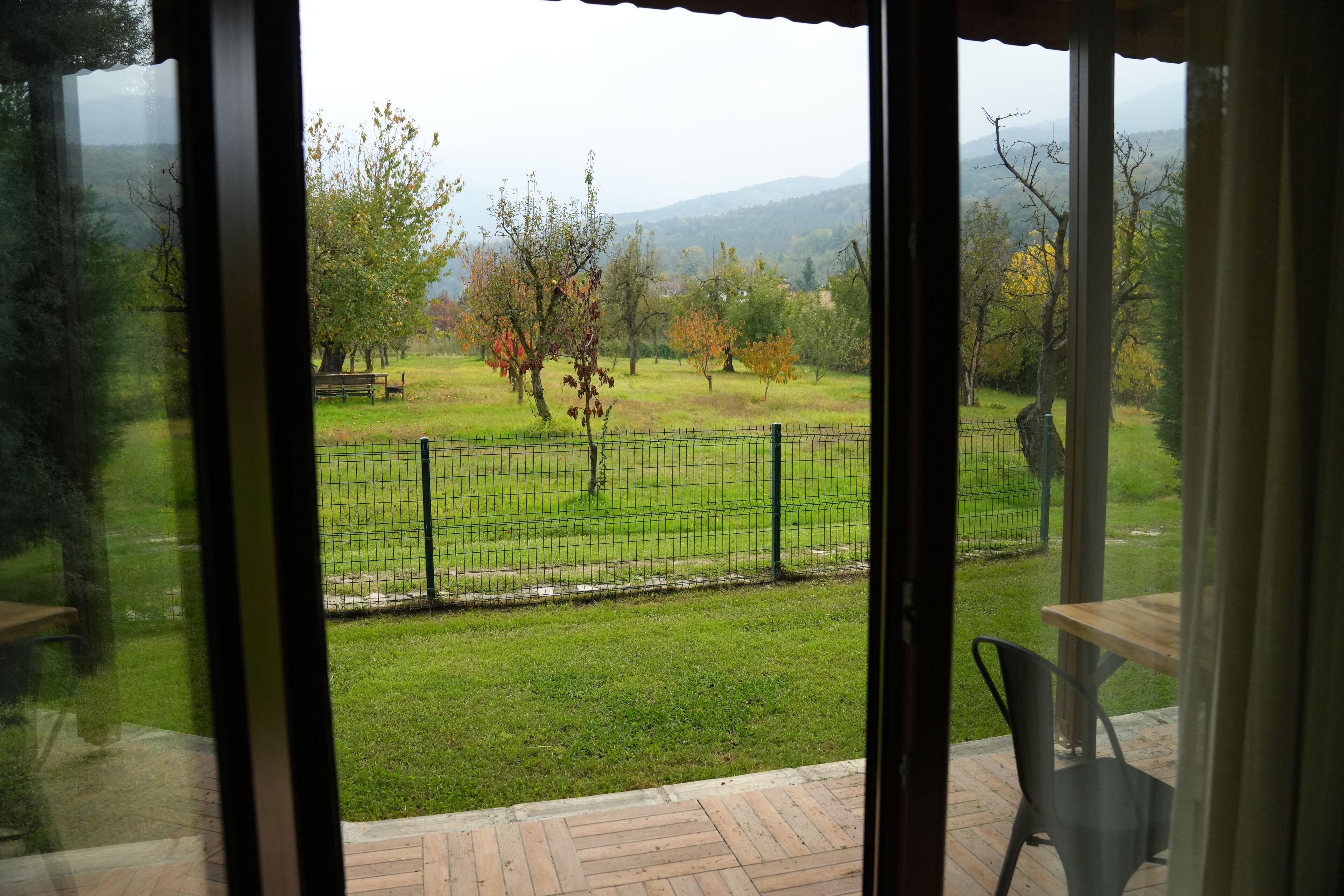 A view from a room with a large window overlooking a grassy area with trees and a fence.
