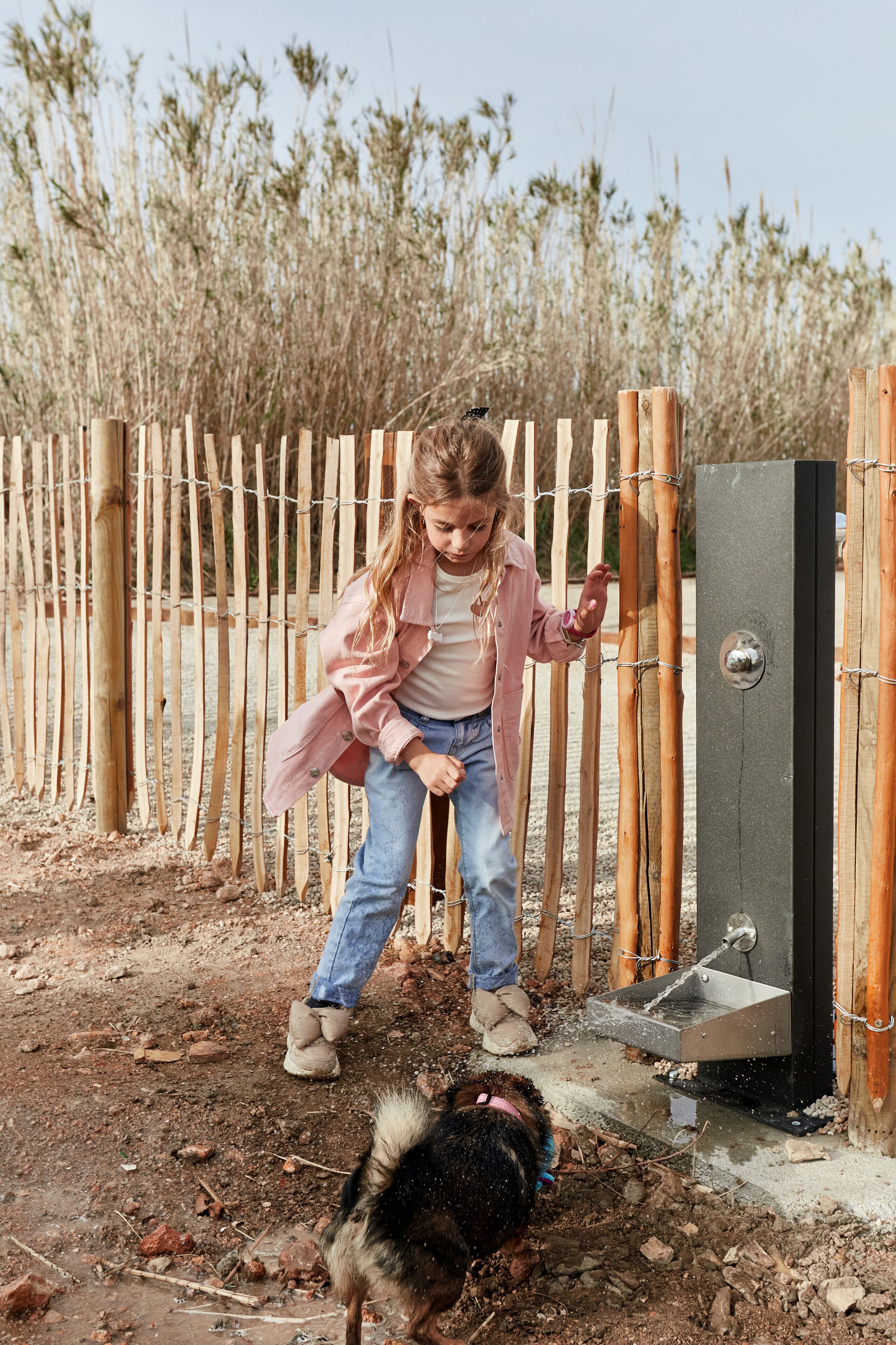 A child interacting with a dog near a water dispenser, with a bamboo fence and dry vegetation in the background.