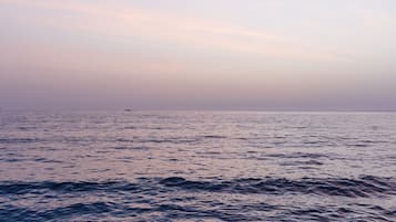 A calm sea with gentle waves and a distant boat.