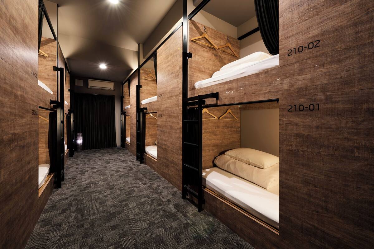 A hotel room with bunk beds, numbered beds, and a carpeted floor.