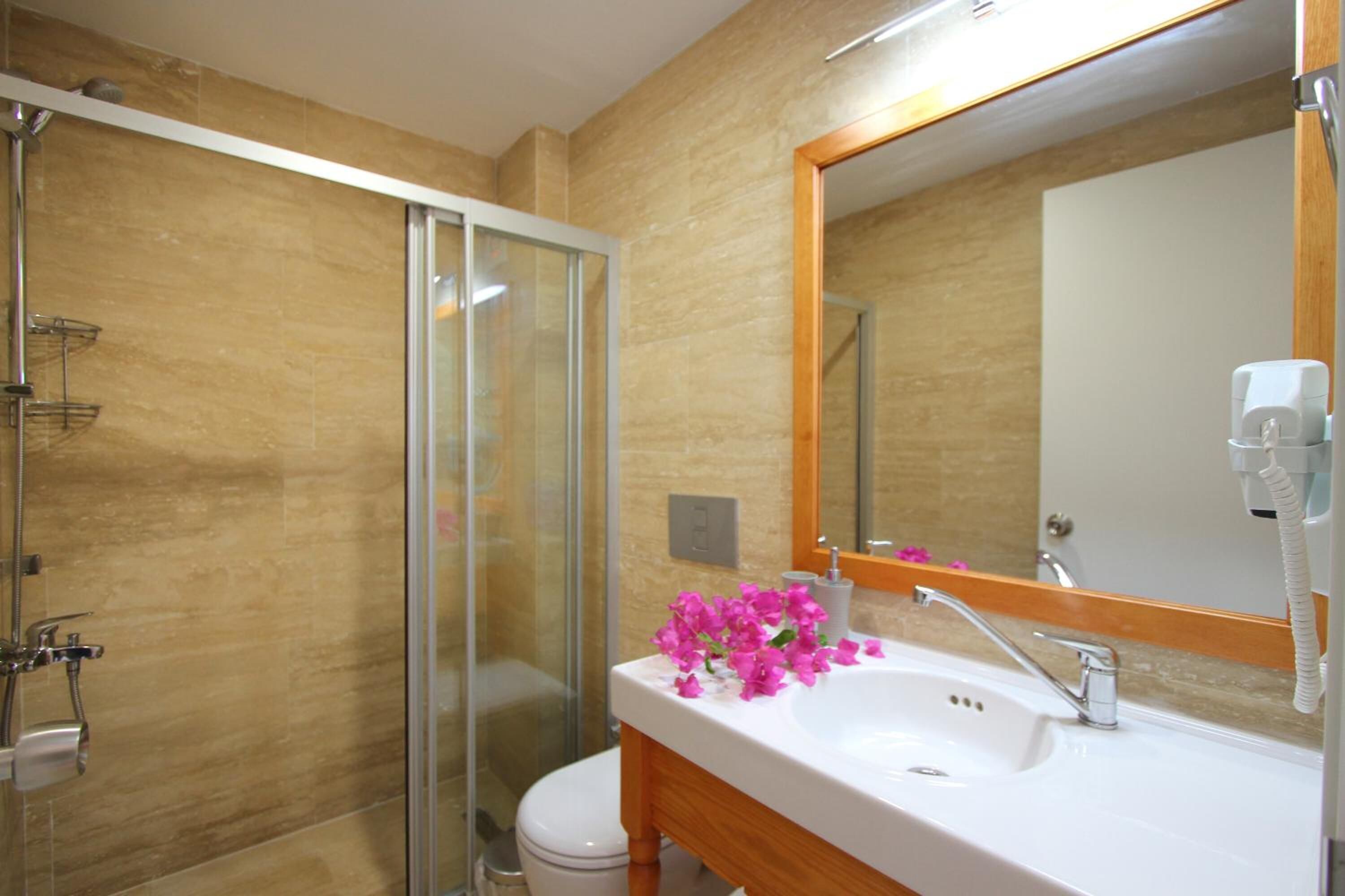 shower, free toiletries, hair dryer, slippers