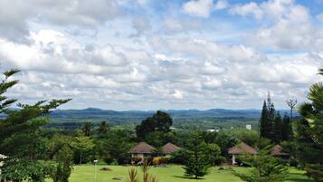 A view of a residential area with houses, a grassy field, and a distant mountain range under a cloudy sky.