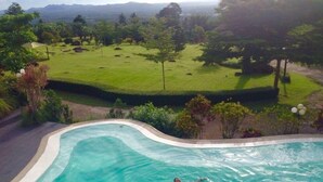 Una piscina de borde curvo, rodeada por un jardín ajardinado con diversas árboles y arbustos.