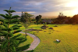A well-maintained grassy area with a winding path, a large tree, and a small building in the background.