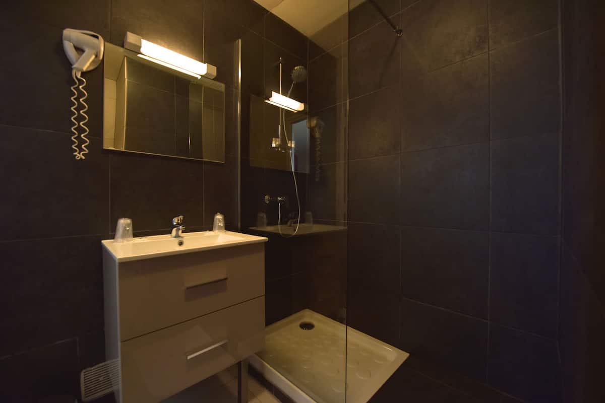 standard double room | bathroom | shower, free toiletries, hair dryer, towels