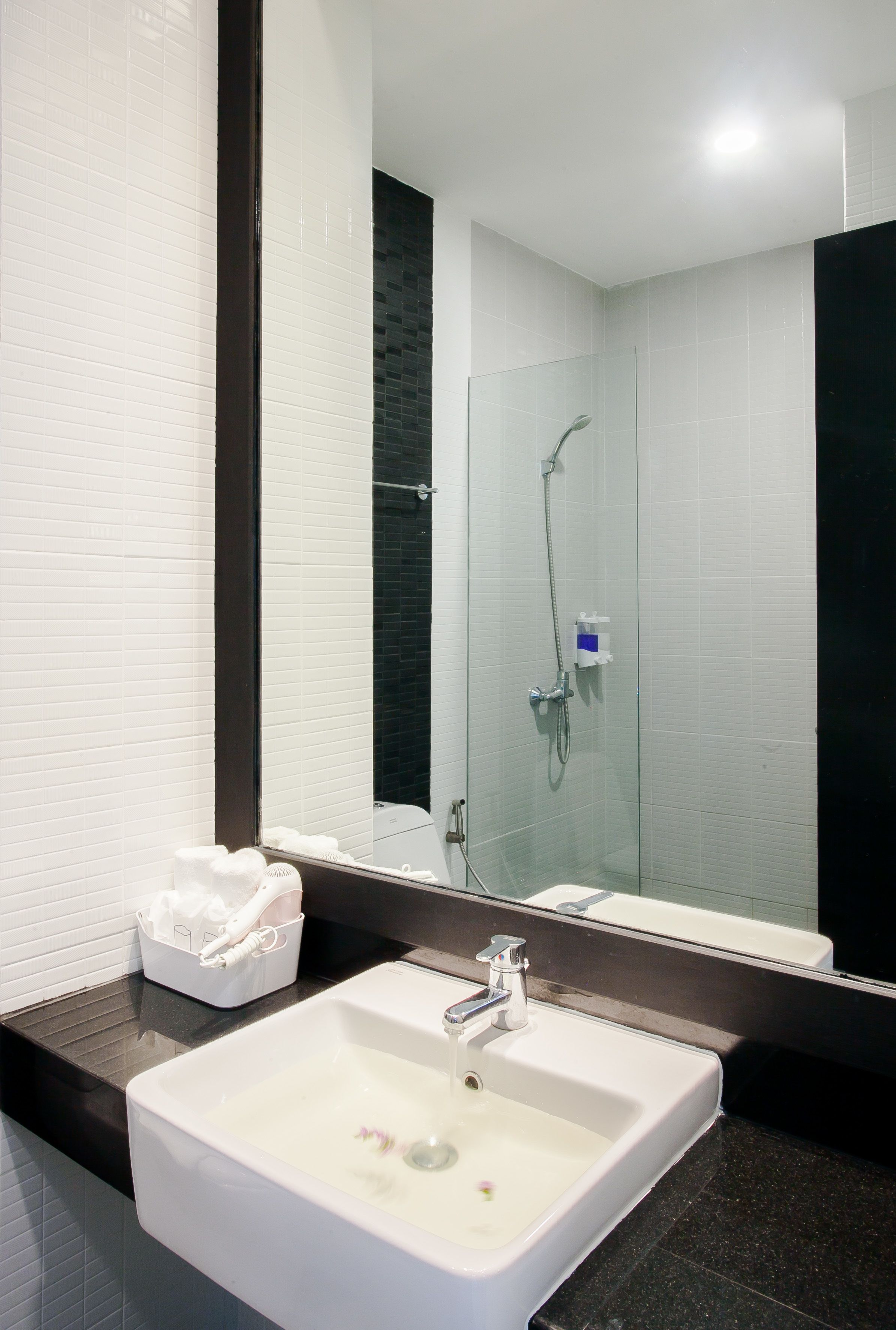 shower, free toiletries, hair dryer, towels