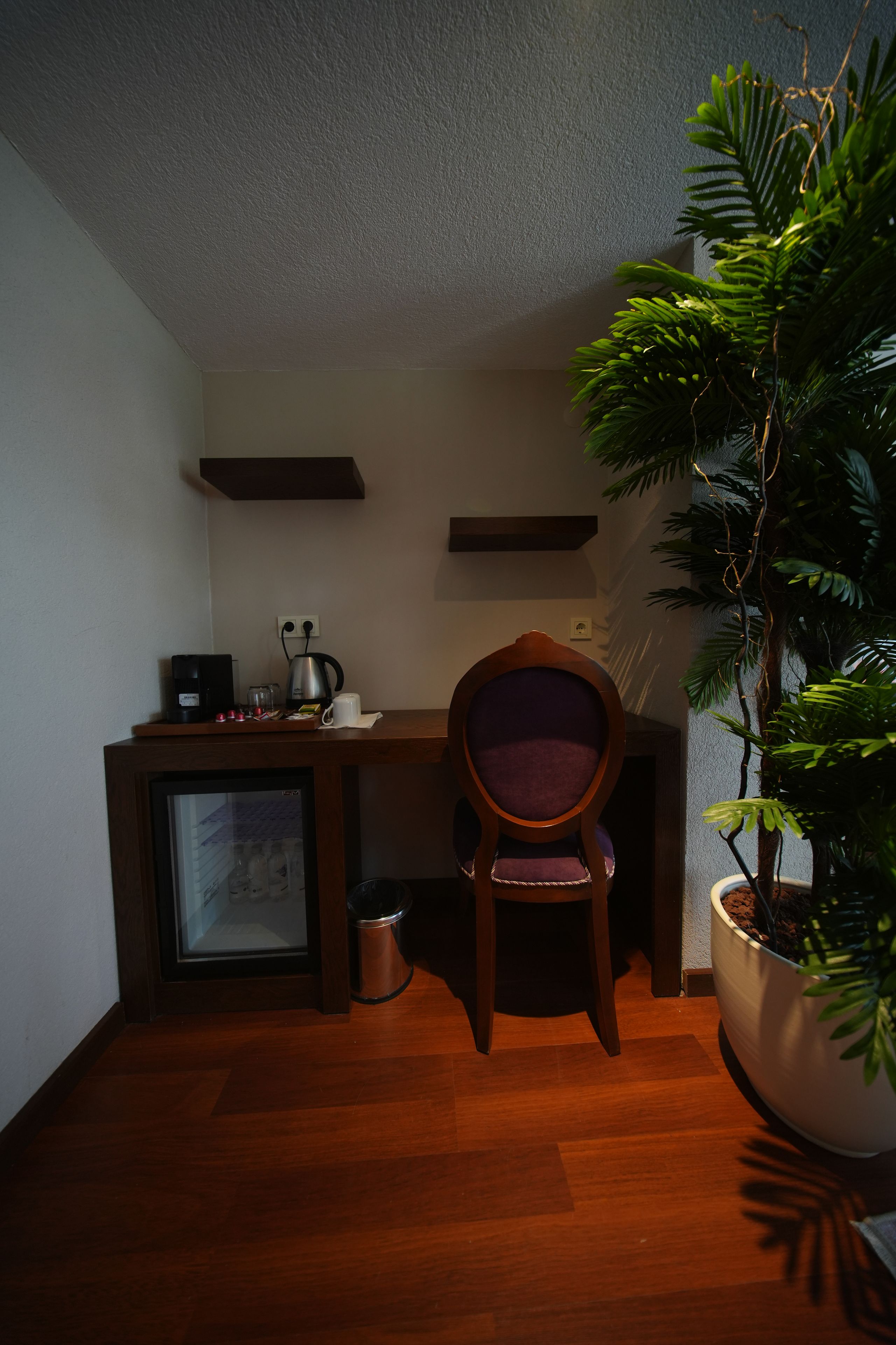 A compact living space with a kitchenette, a wooden chair, a potted plant, and a small refrigerator.