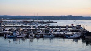 A marina with various boats docked at piers.