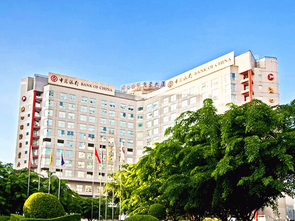 A multi-story building with the signage "Bank of China" prominently displayed on the facade.