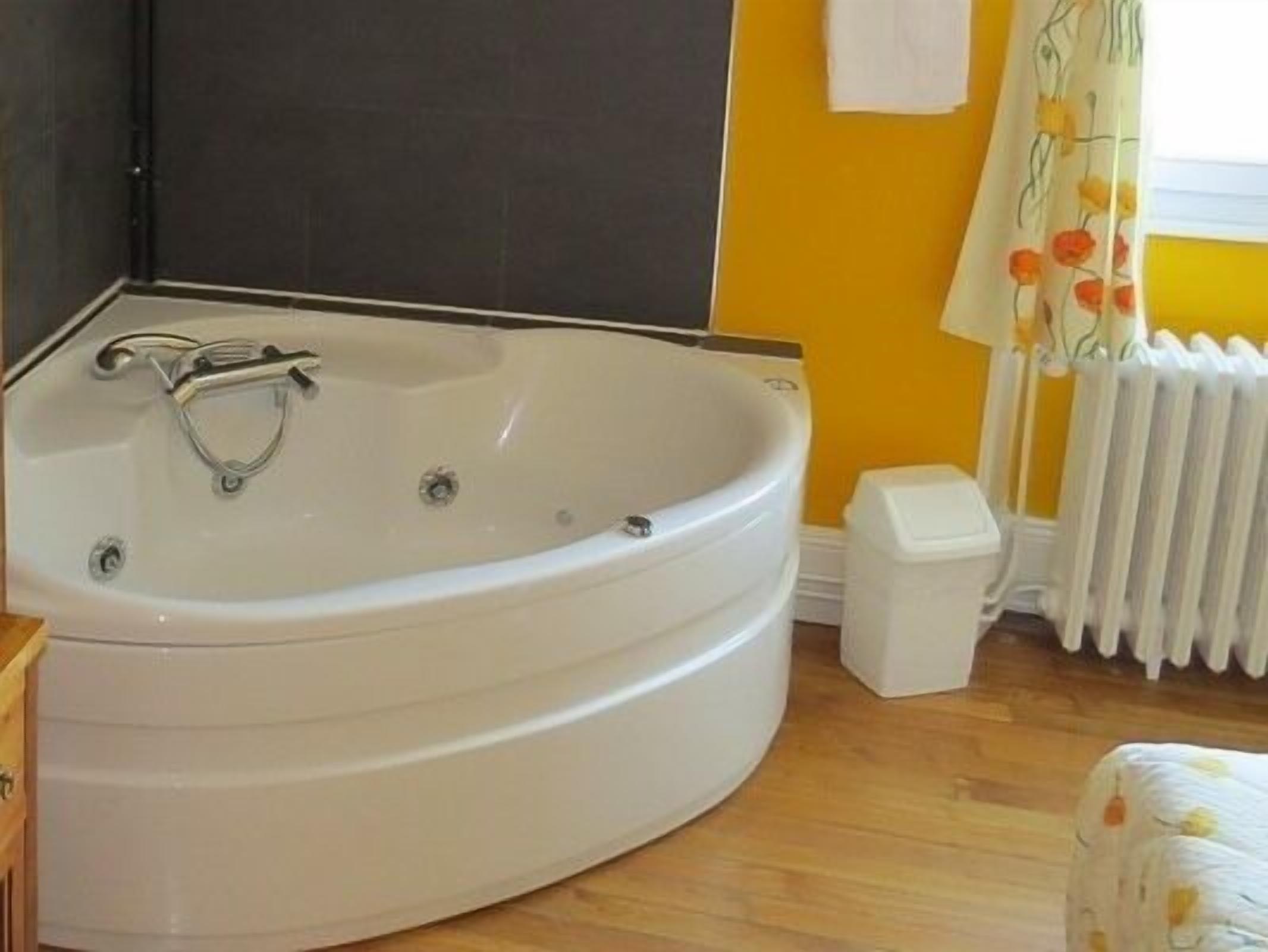 A bathroom with a large bathtub, a toilet, and a radiator.