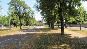 En park med træer, en sti og en bygning i baggrunden.