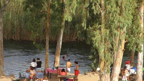 A lakeside setting with tables and chairs for dining, surrounded by trees and a body of water.