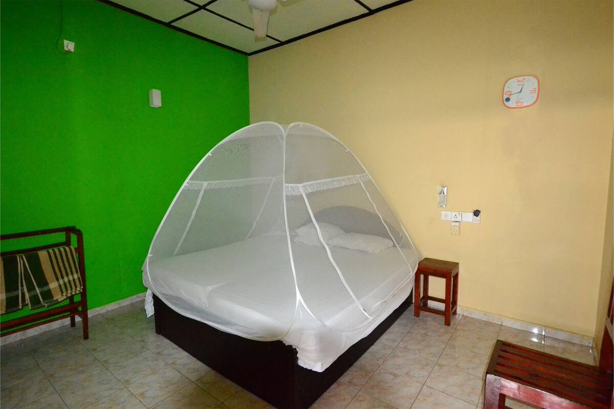 A room with a bed covered by a mosquito net, a small wooden stool, and a bench.
