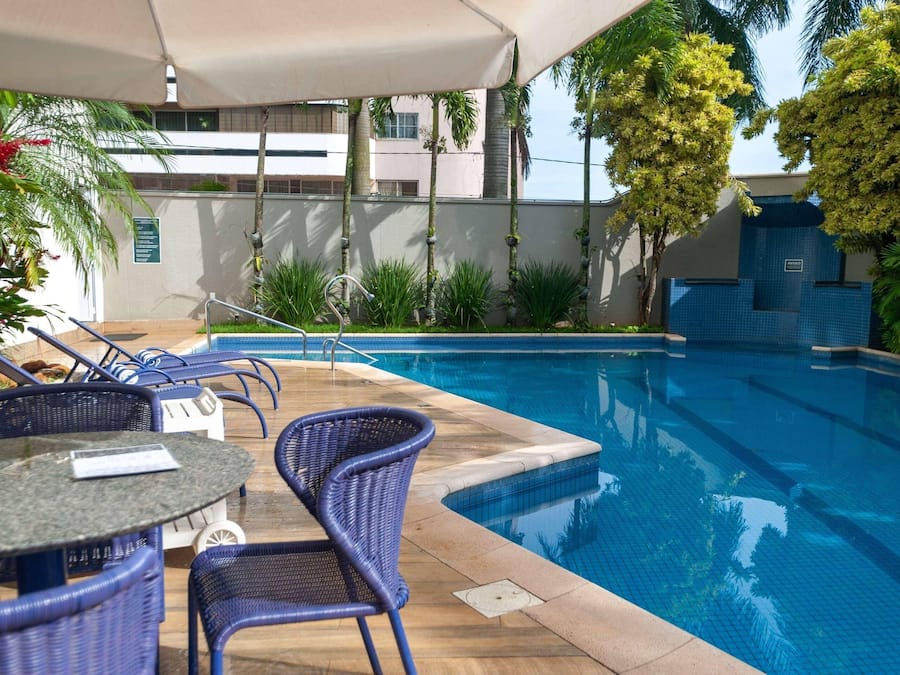 Outdoor pool, open 9:00 AM to 9:00 PM, pool umbrellas, sun loungers