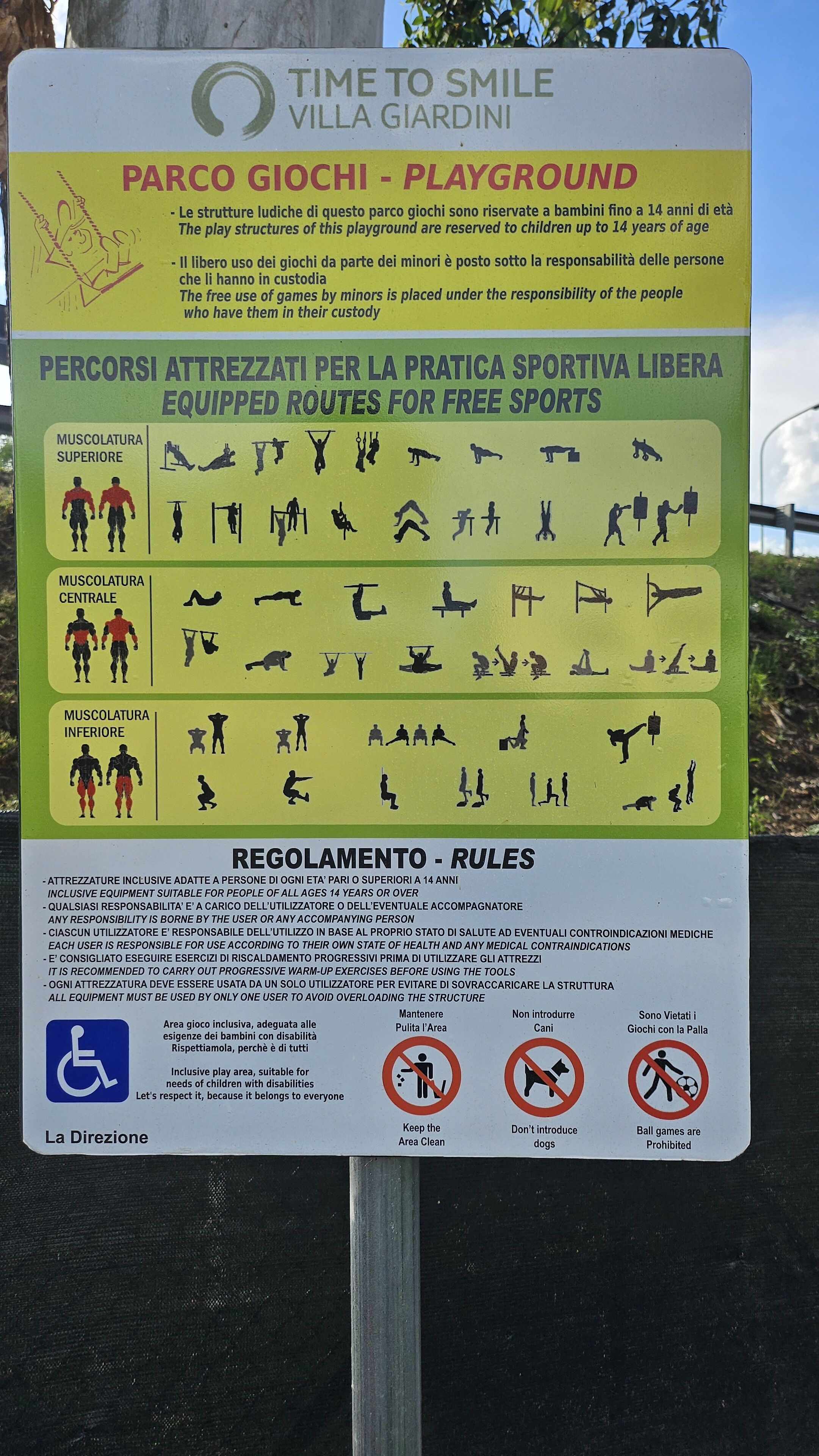 A sign for a playground with rules and equipment usage guidelines.