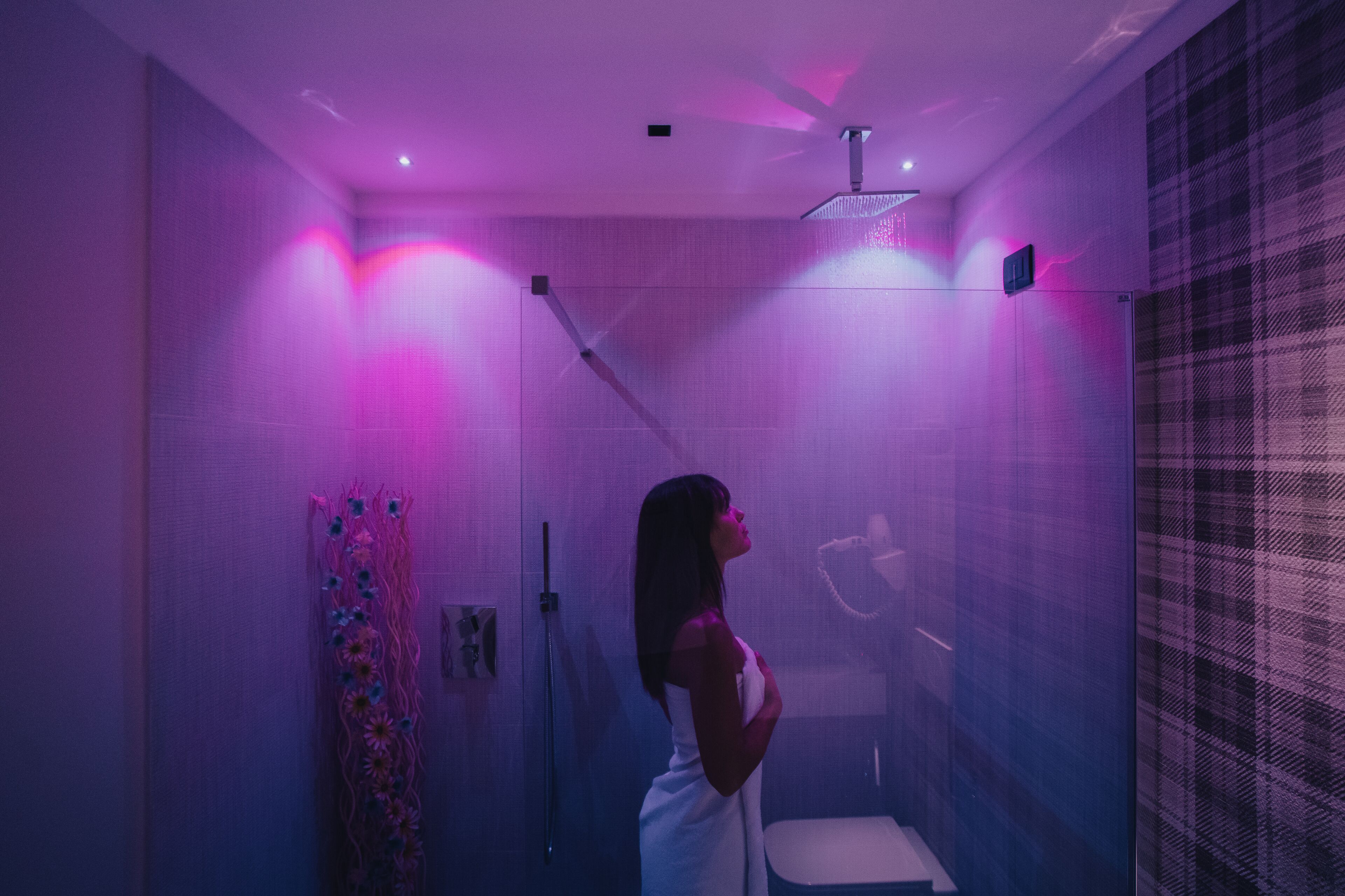 A modern bathroom with a glass shower enclosure, a white sink, and a decorative plant.