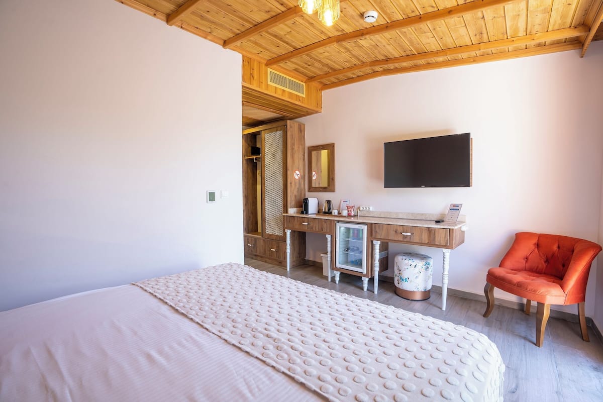 Ein Schlafzimmer mit einem großen Bett, Holzboden, einem Schreibtisch mit Computer, einem Fernseher und einem roten Sessel.