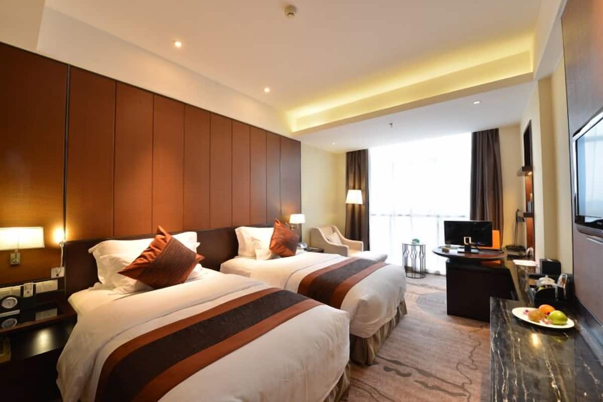 Habitación de hotel con dos camas, un escritorio y televisor, y vista a la ciudad.