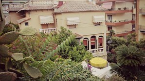 A residential building with multiple balconies, a garden area with various plants, and a satellite dish on the roof. - Hotel Al Sogno (Alassio)