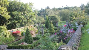 A garden with a stone balustrade, various plants, and a wooden bridge.