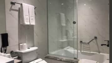 A modern bathroom with a glass-enclosed shower, a toilet, and a bathtub.