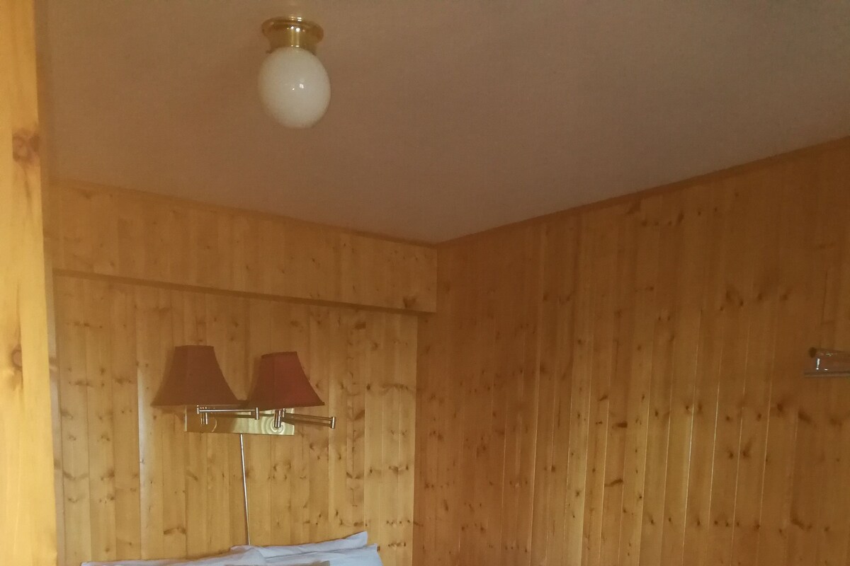 A wooden-paneled bedroom with a bed, two bedside lamps, and a ceiling light.