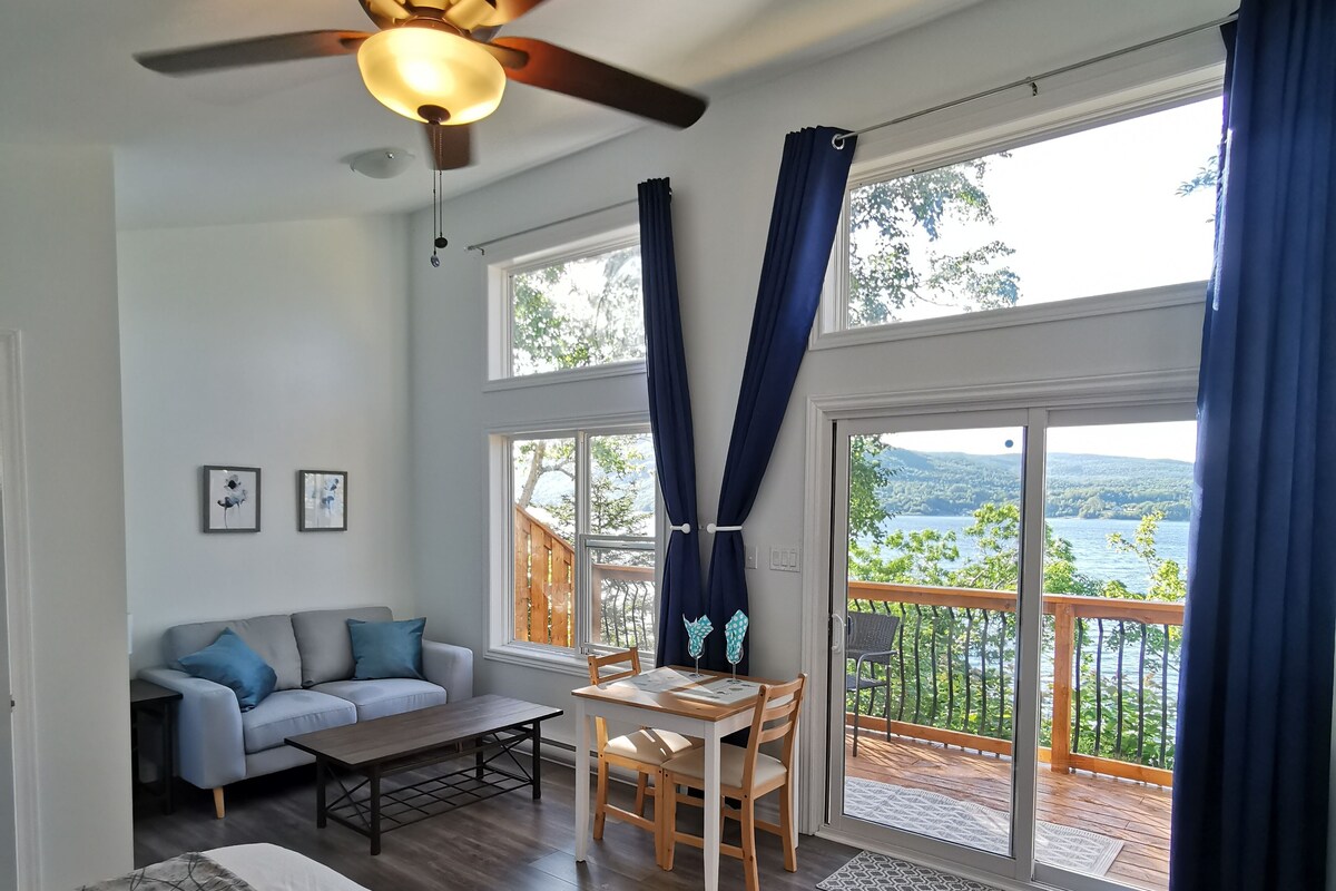 A room with a bed, a ceiling fan, a dining table with chairs, a sofa, and a view of a lake through large windows.