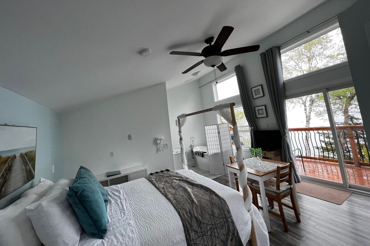 A bedroom with a bed, a ceiling fan, a window, a balcony, and a view of the outdoors.