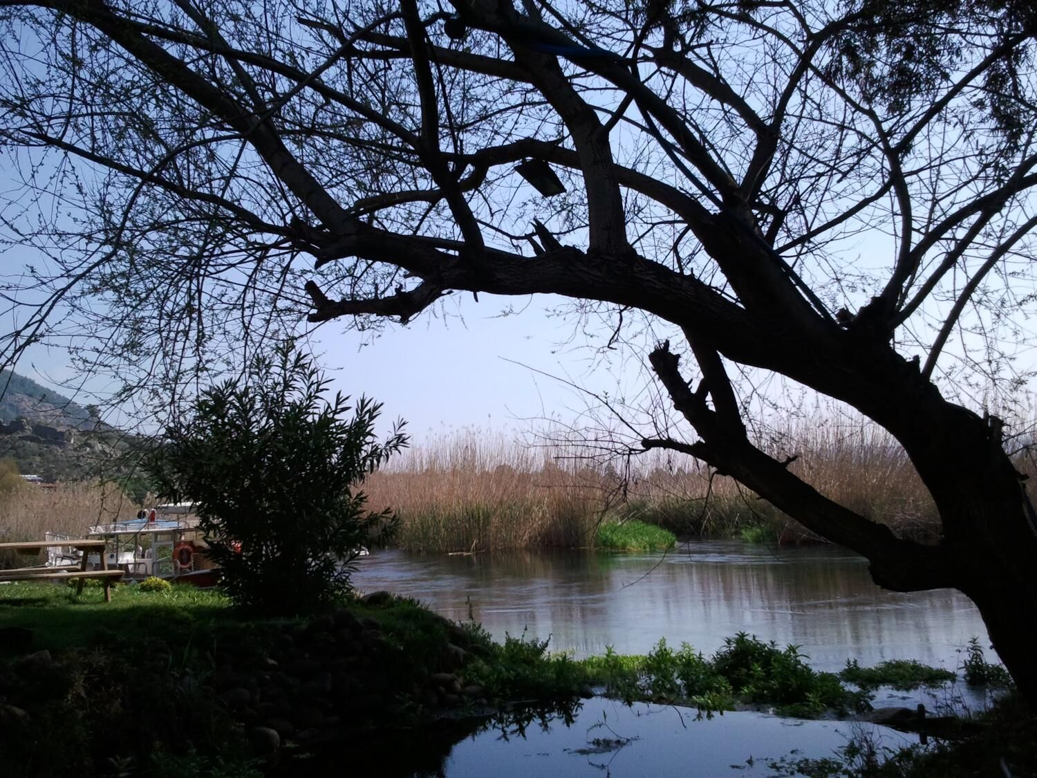A tranquil riverside scene with a picnic table and a boat docked nearby.