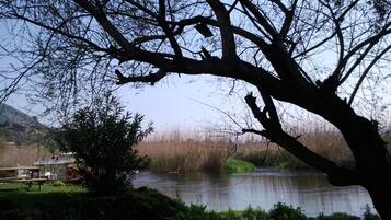 A tranquil riverside scene with a picnic table and a boat docked nearby.