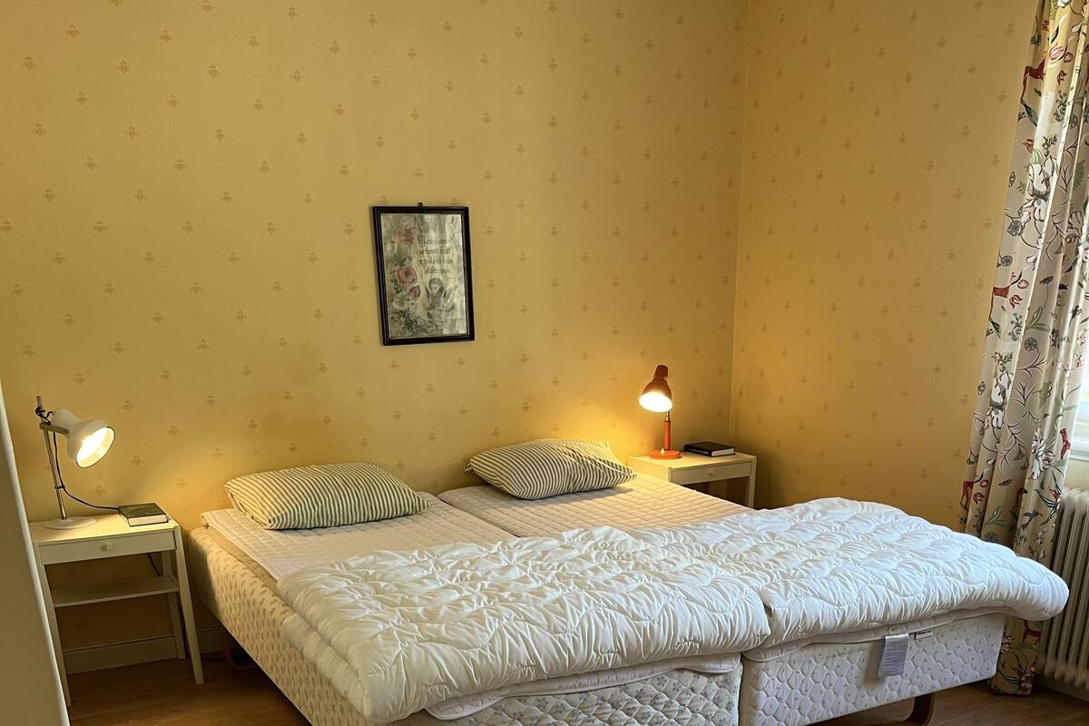 Una cama doble con cubrecolcha blanco acolchado, dos mesitas de noche con lámparas, un cuadro enmarcado en la pared y suelo de madera.