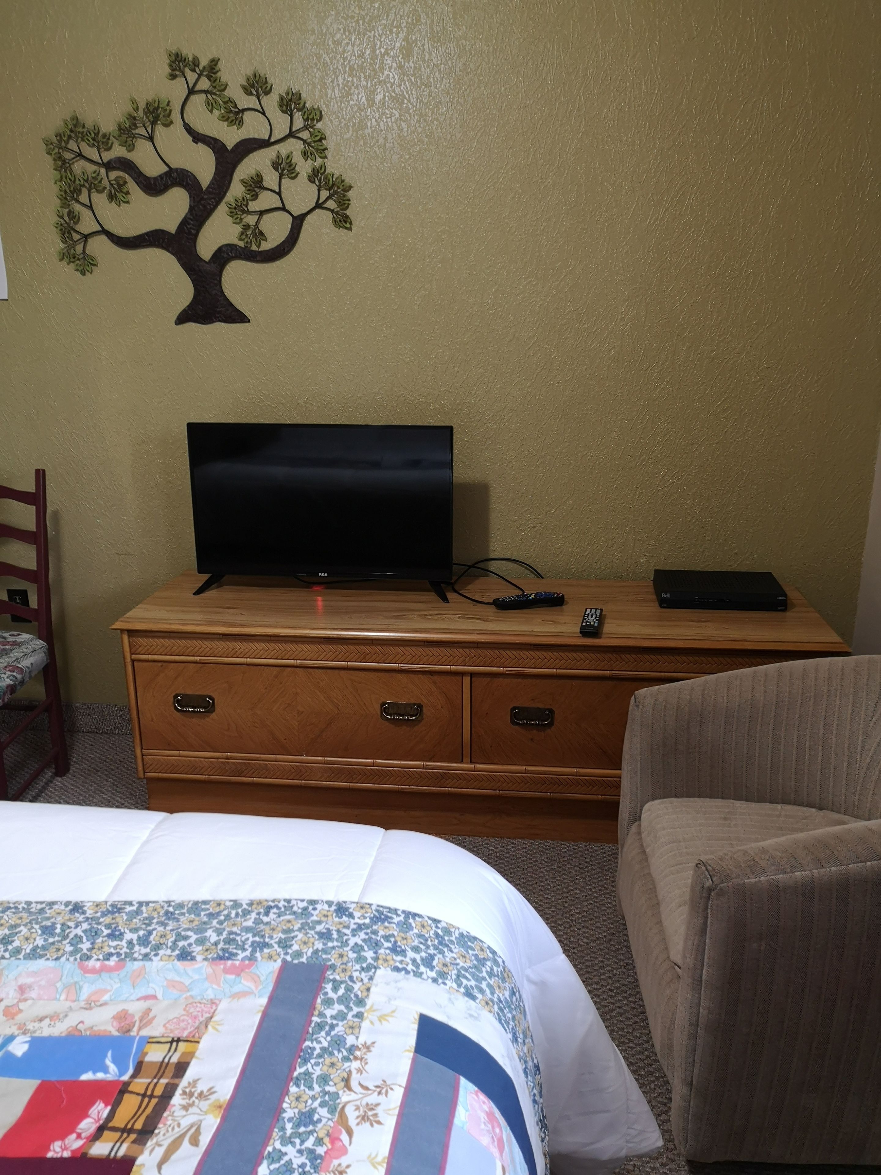 Une chambre d’hôtel avec un lit, une commode en bois sur laquelle se trouve un téléviseur, des télécommandes et un décor mural représentant un arbre.