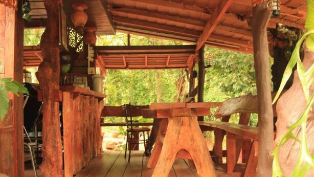 Una cabaña rústica de madera con un banco y una mesa, rodeada de follaje natural.