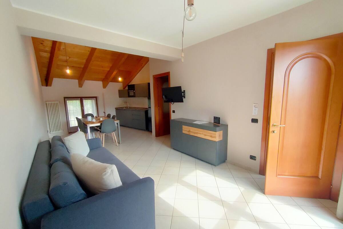 Een woonkamer met een bank, een eethoek met stoelen, een keuken met een spoelbak, en een houten deur.