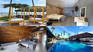 A hotel with a beach view, a bedroom with a large bed and a TV, a modern bathroom, a pool area, and a dining area with outdoor seating.