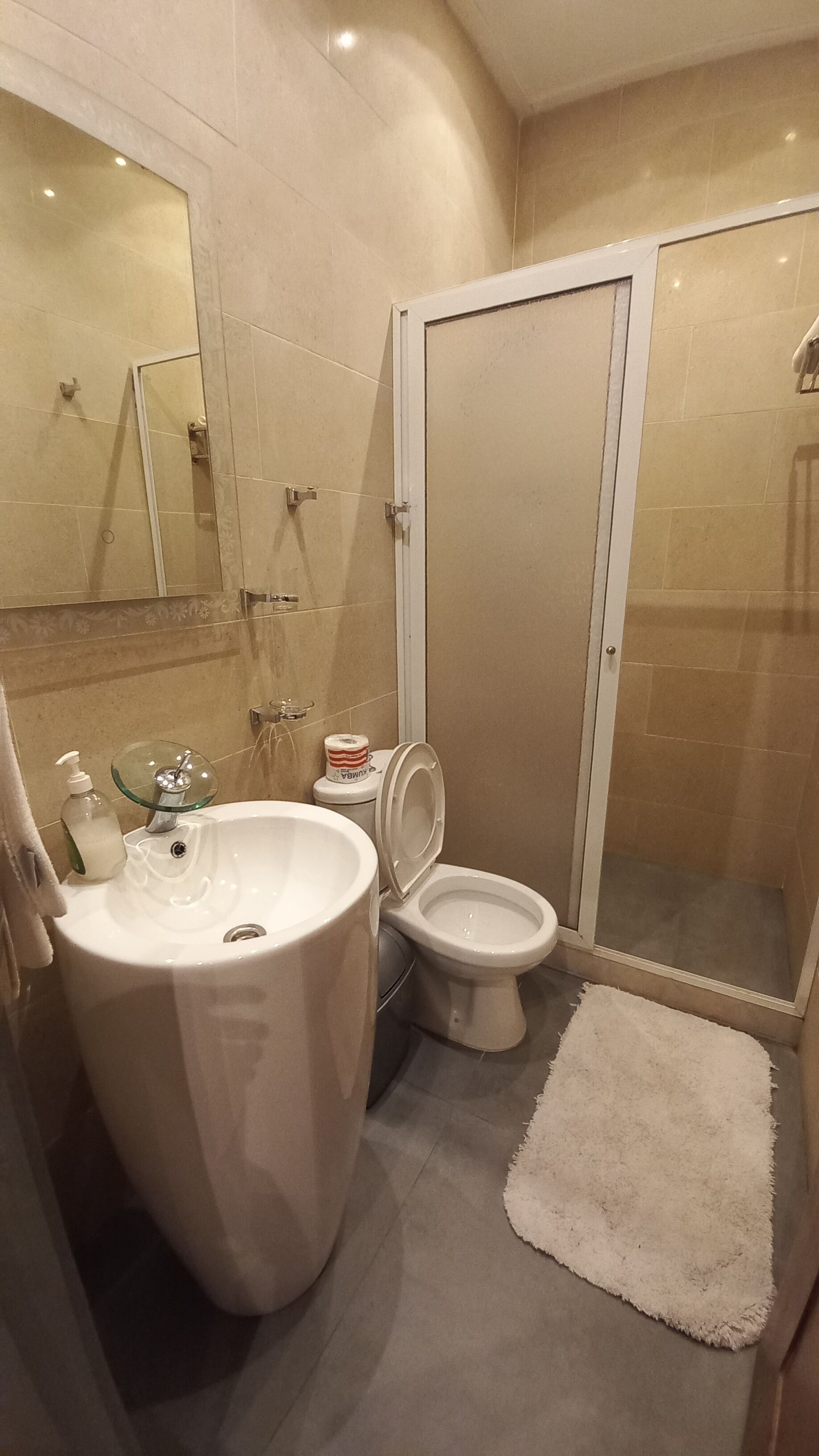 A bathroom with a large white sink, a toilet, and a shower area.