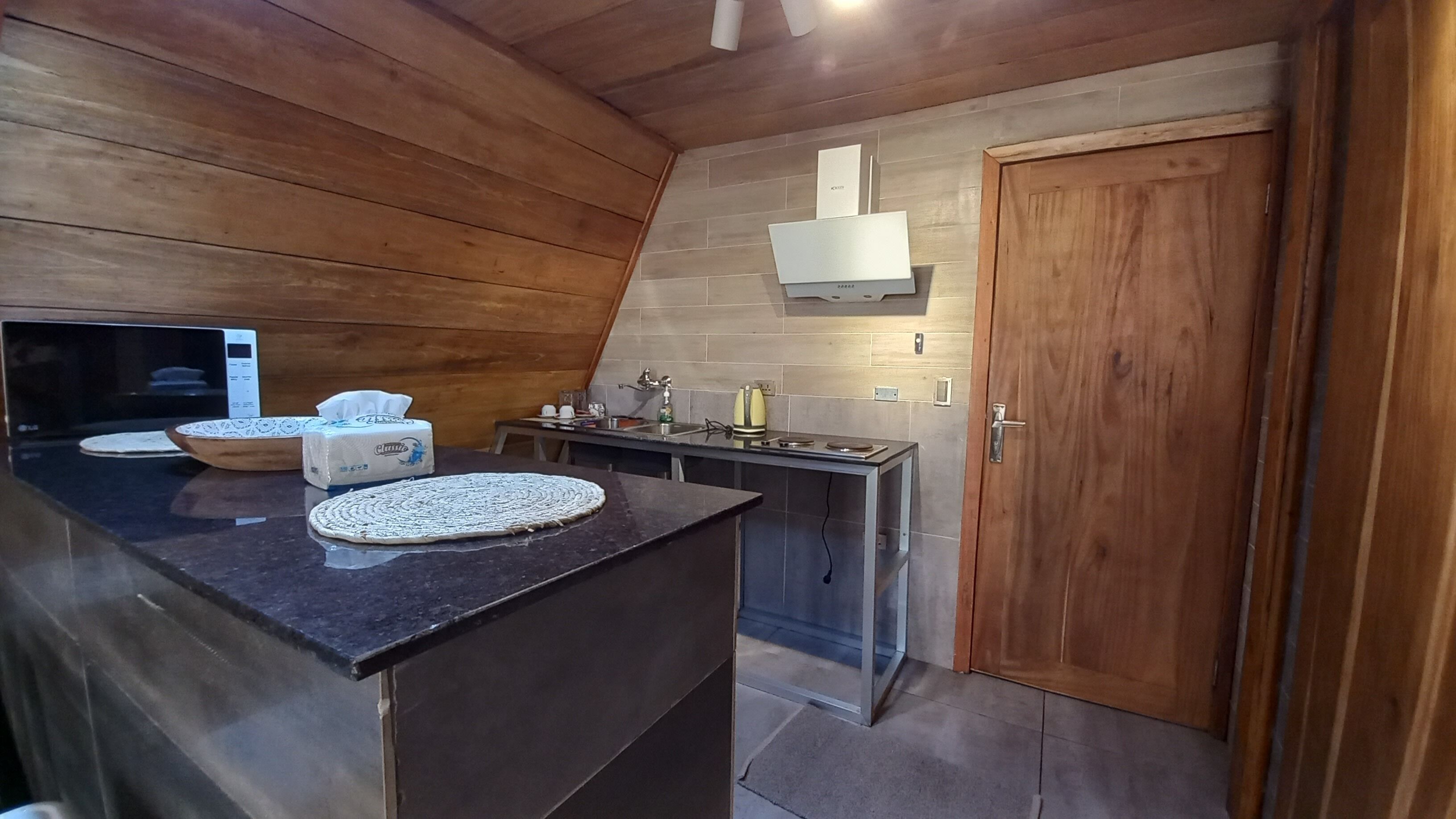Una cocina con detalles de madera, un microondas, un lavamanos y una puerta.