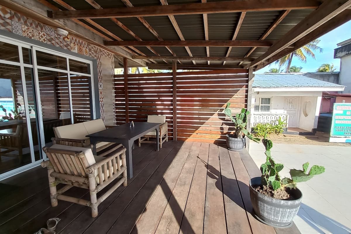 An outdoor patio with a wooden table and chairs, a potted plant, and a view of a residential area.
