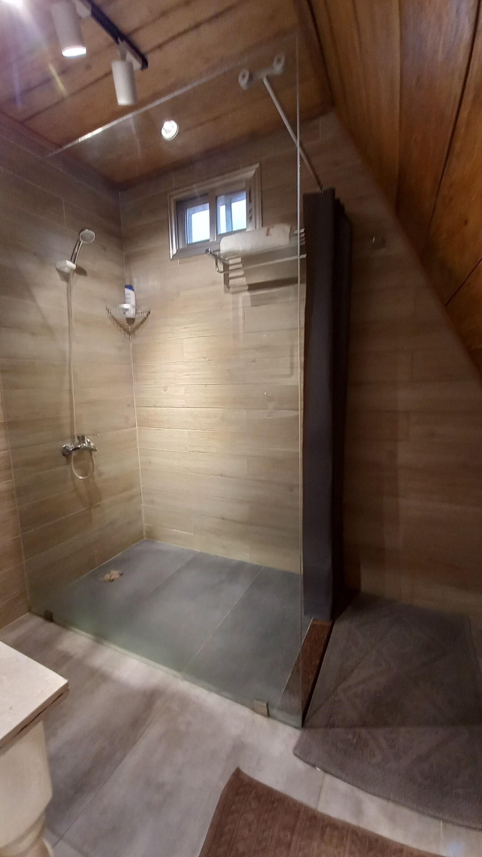 Una zona de ducha con puerta de vidrio, techo de madera y una ventana pequeña.