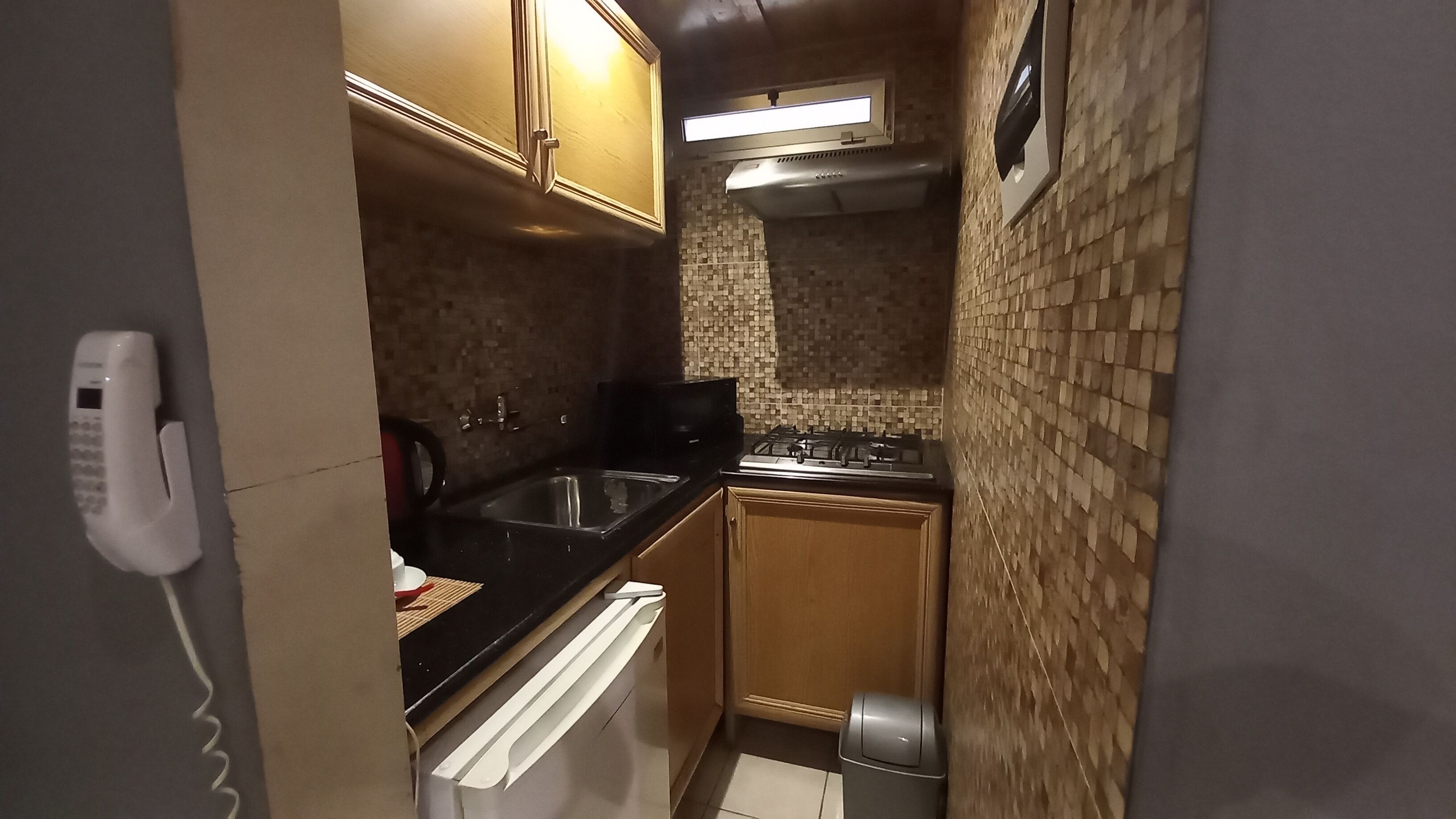 Microwave, oven, electric kettle, dining tables