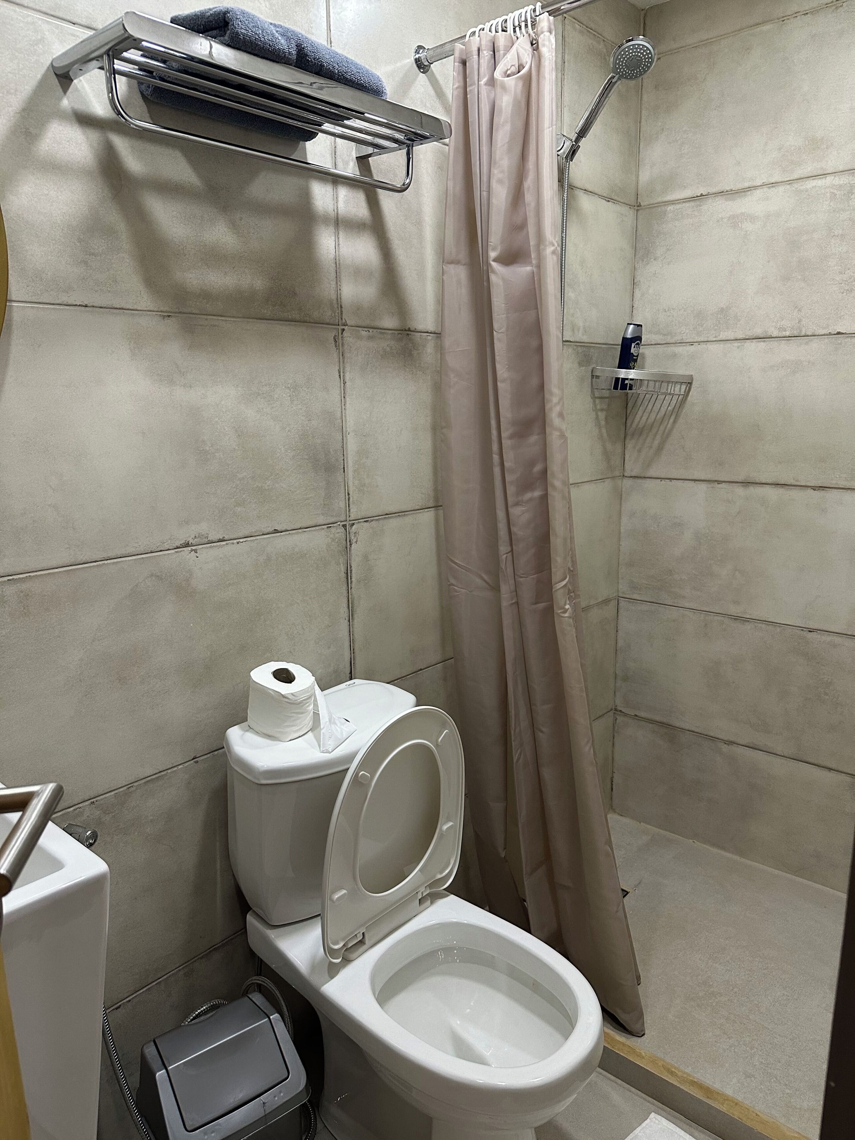 A bathroom with a toilet, a shower, and a towel rack.