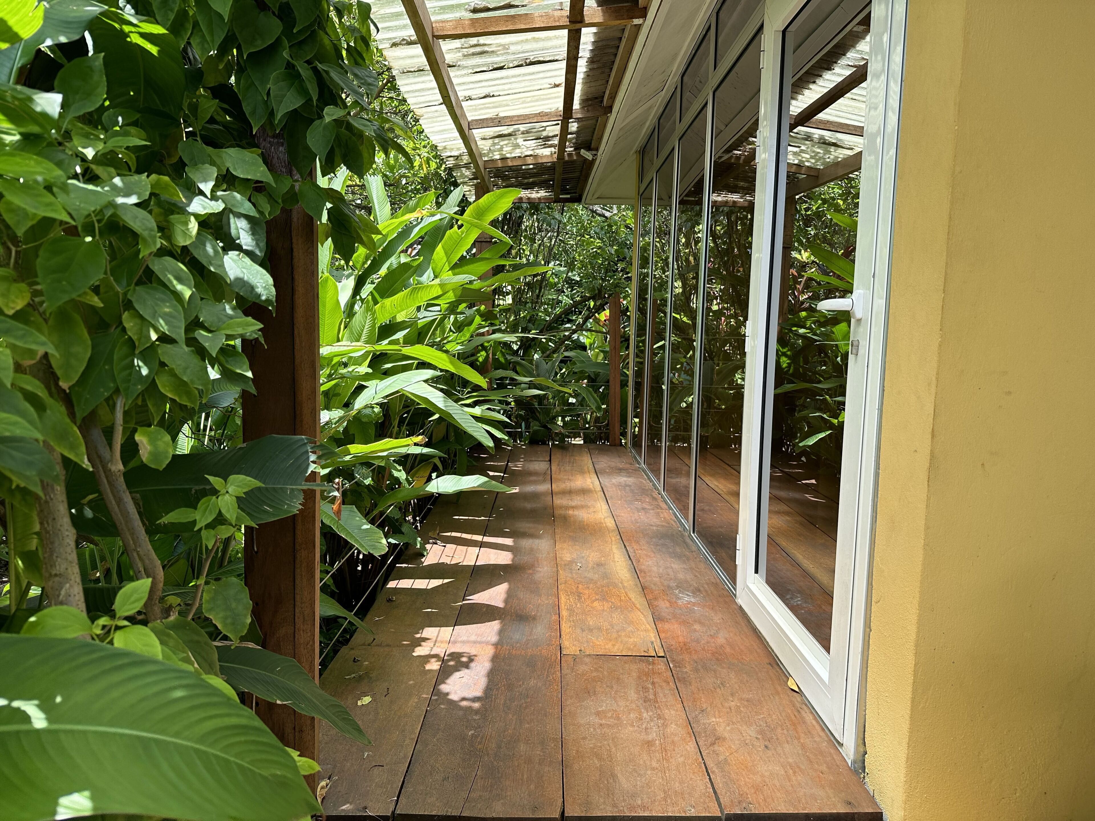 Una terraza de madera cubierta con puertas de cristal, rodeada de exuberante follaje verde.