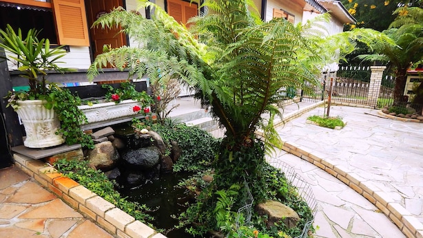 A garden with a small pond, stone pathway, and various plants. - Apartamento Vista do Centro Gramado 02 (Gramado)