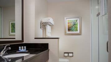 Un baño moderno con un lavamanos de superficie negra, un espejo grande, un cuadro enmarcado y una cabina de ducha de vidrio.