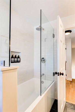 Combined shower/tub, hair dryer, towels, soap
