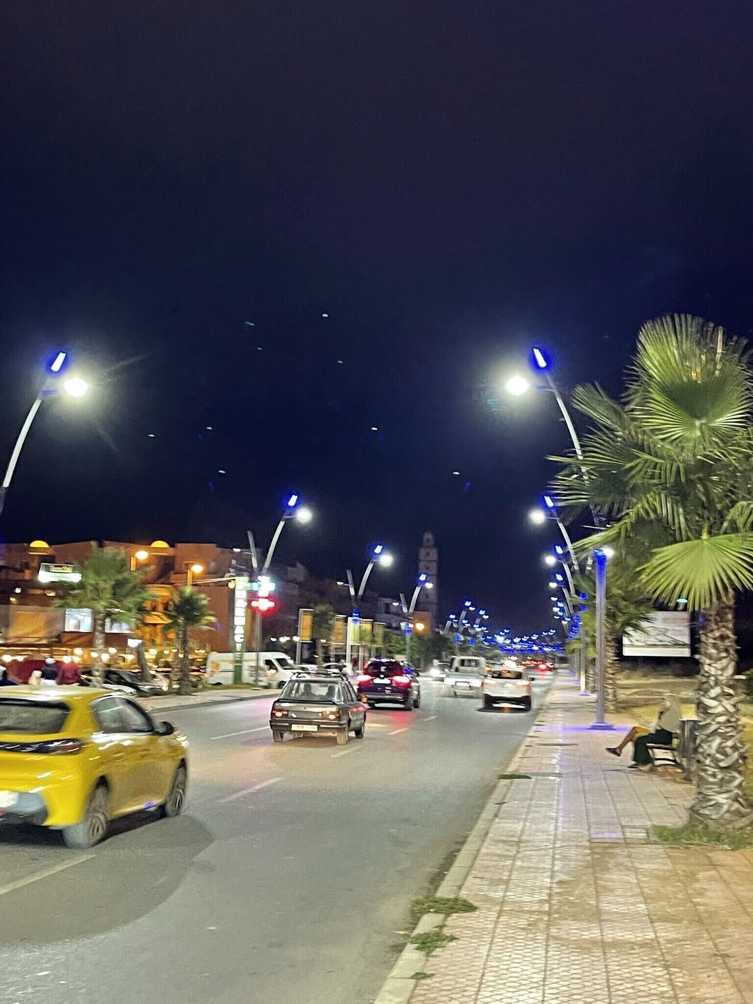 A nighttime street scene with cars, streetlights, and palm trees.