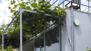 Una casa moderna con base de pared de piedra, una pérgola de metal y un portón de vidrio que da a una habitación.