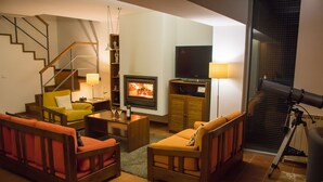 Una sala de estar con chimenea, sofá y televisor.