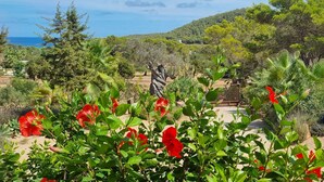A garden with red flowers, a statue, and a view of the sea. - Santa Eulalia Del Rio: chalet - IbizaHouse with character with pool and bbq place and magic seaview (santa eulalia del rio)
